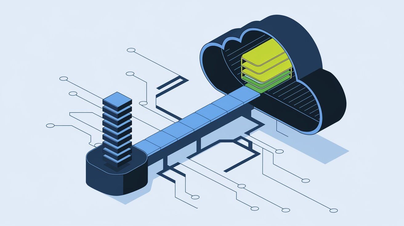 Illustrazione che mostra passaggio dati da un server fisico al Coud