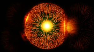 Cerchio giallo con raggi di luce rossi e arancioni