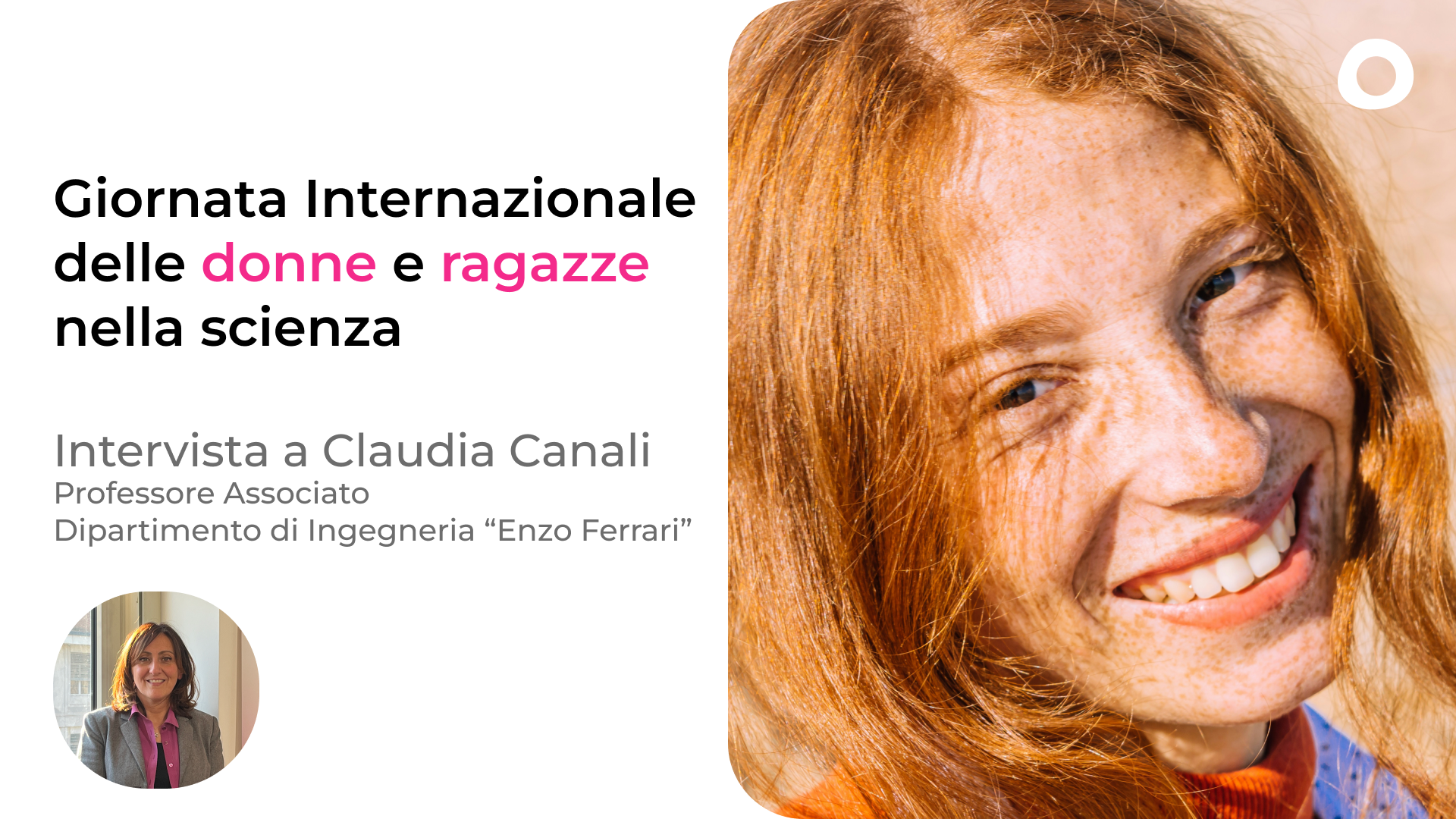 Grafica con foto di ragazza con i capelli rossi per la Giornata Internazionale delle Ragazze e Donne nella Scienza