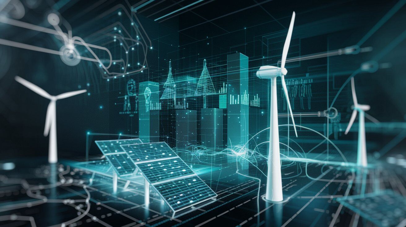 Pale eoliche e pannelli solari su sfondo scuro