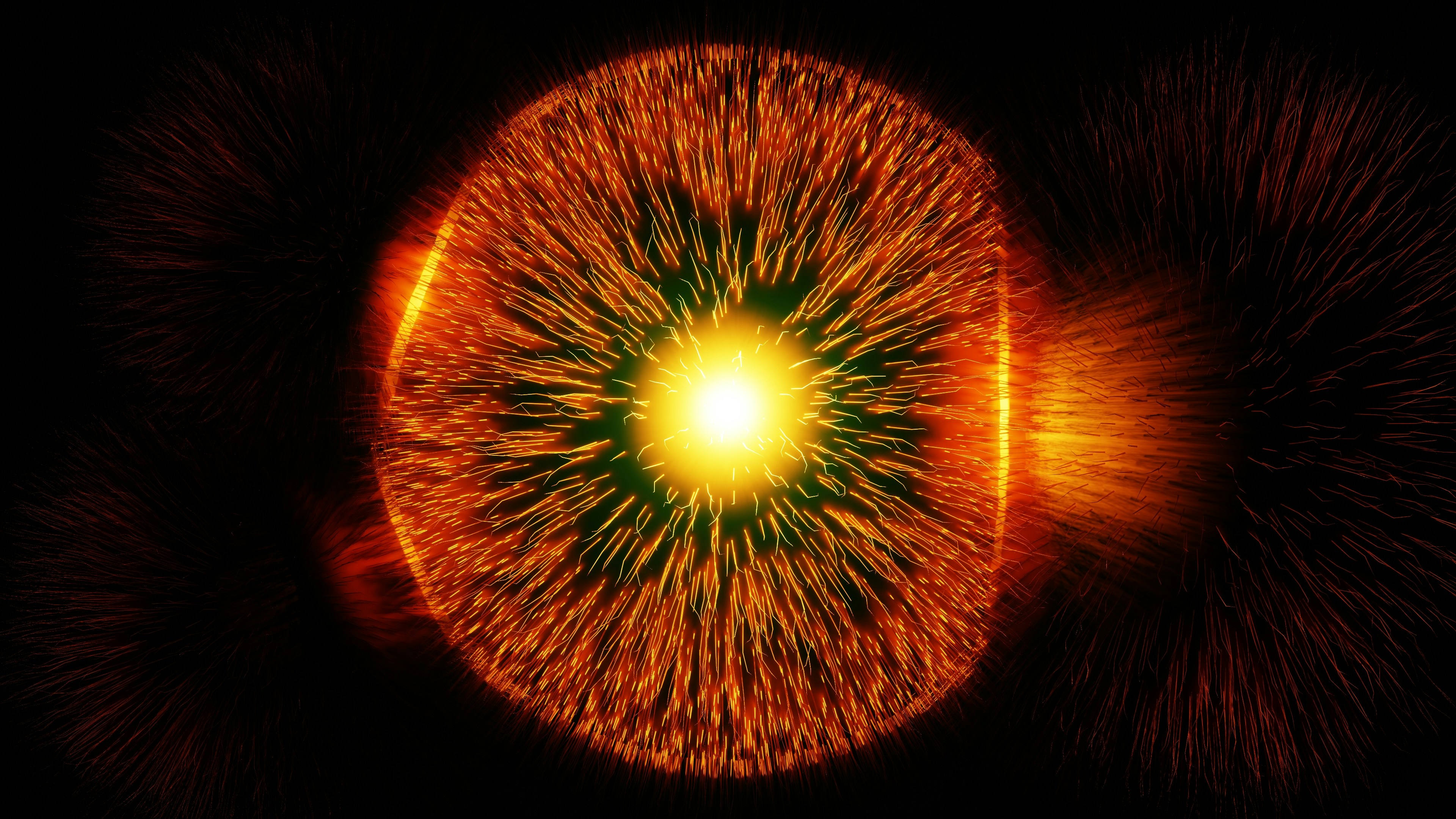 Cerchio giallo con raggi di luce rossi e arancioni